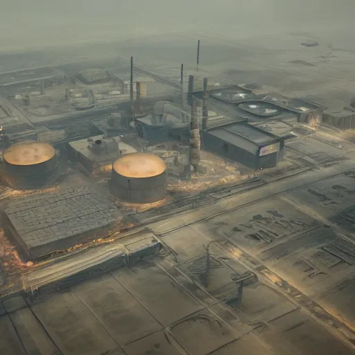 Image similar to an aerial view of an abandoned industrial terrain with giant nuclear plants, night time, shot from the blade runner 2049 movie, designed by Ash Thorp, moody, dark, foggy