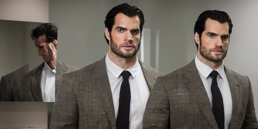 Prompt: ultra wide angle photo of henry cavill dressed in a a green flannel shirt and black dress pants as clark kent looking at himself in a bathroom mirror and seeing his reflection as superman