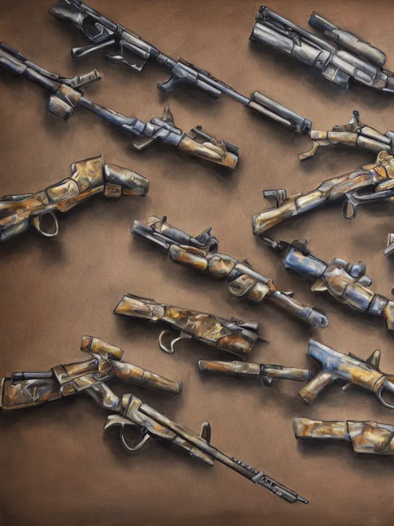 Prompt: oil painting of guns on a wall, ultra-realistic, intricate details, 4k