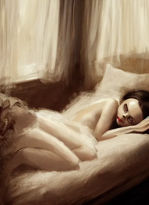 Prompt: christina ricci anlying in bed reading, backround dark, highly detailed, digital illustration, trending in artstation, modern painting, smooth, sharp focus, intricate, einar jonsson, ilya repin