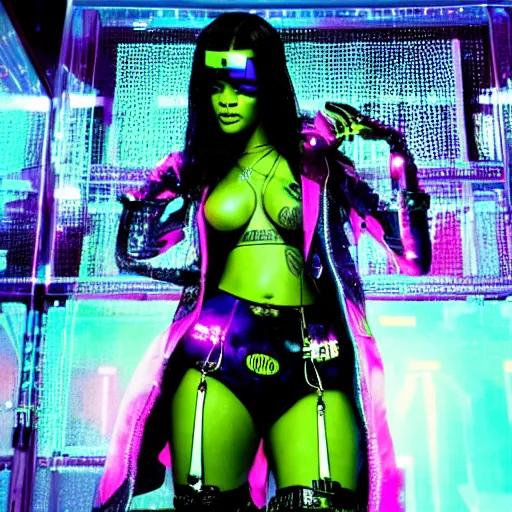 Image similar to rihanna as cyberpunk goddess in neon city