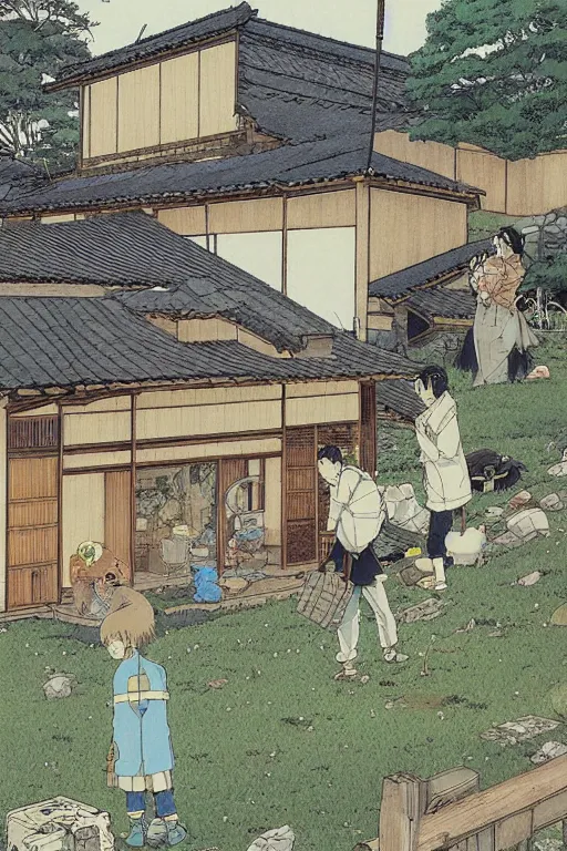 Image similar to beautiful anime illustration of a rural japanese home, by moebius, masamune shirow and katsuhiro otomo