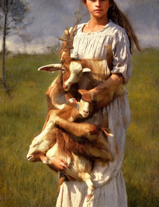 Image similar to portrait of peasant girl holding goat in her hands, cottage core, cinematic focus, polaroid photo bleached vintage pastel colors high - key lighting, soft lights, foggy, by steve hanks, by lisa yuskavage, by serov valentin, by tarkovsky, 8 k render, detailed, oil on canvas