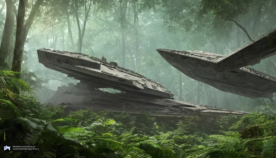 Prompt: a beautiful painting of a crashed star destroyer ion drive in a lush jungle, ray traced lighting by kalin popov and greg rutkowski