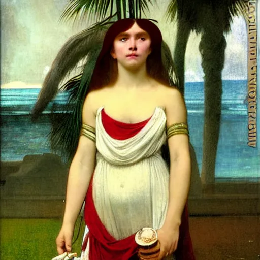 Image similar to Girl with a blood dripping chalice at the palace, thunderstorm, pool, beach and palm trees on the background major arcana sky, by paul delaroche, alphonse mucha and arnold böcklin arnold böcklin hyperrealistic 8k, very detailed