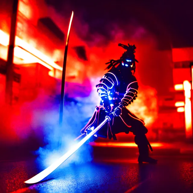 Image similar to cyber samurai fire dance slashing sword atomic, detailed bushido form smoke, fighting stance atomic energy, shibuya prefecture, cinematic neon uplighting, fog mist smoke, photorealistic, night photography by tomino - sama