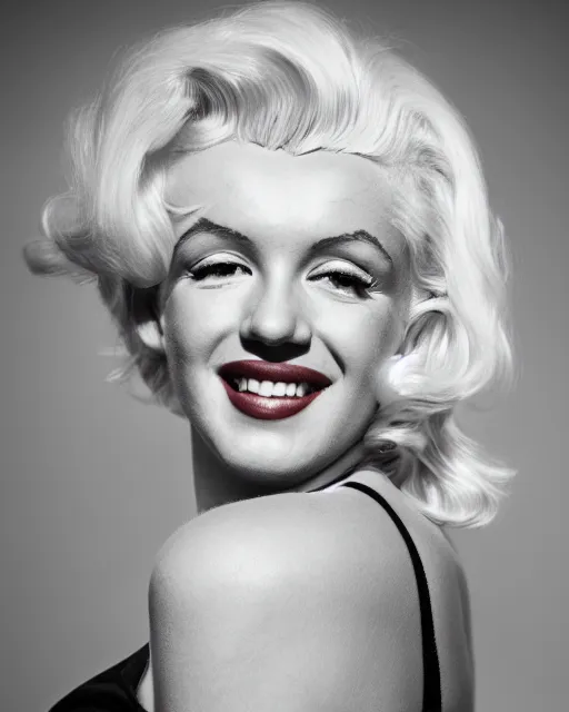 Image similar to Beautiful Head and shoulders portrait of smiling flirty seductive Marilyn monroe with platinum blonde hair, wearing a camisole by arney freytag, artstation, 35mm, fashion photoshoot, laying on a bed in a photo studio, golden hour, bokeh, rim lighting, fashion pose, octane, 4k