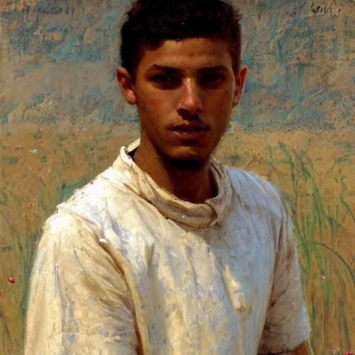 Image similar to Solomon Joseph Solomon and Richard Schmid and Jeremy Lipking Middle eastern genre painting portrait painting of a 17 year old handsome Mediterranean skinned man in colorful ancient Canaanite tunic, field background