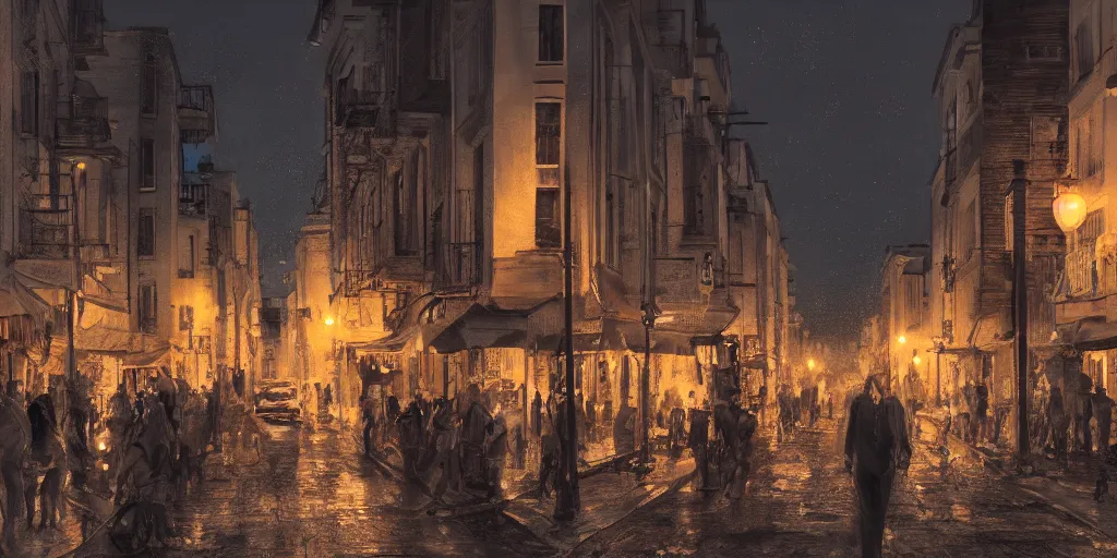 Prompt: cadiz street at night, crowded, 8K, trending on artstation, golden ratio, rule of thirds, low key, establishing shot, extremely high detail, concept art