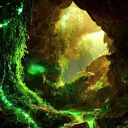 Image similar to looking into lush cave with glowing emeralds and vines hanging from the ceiling, sharp focus, cinematic light, artgerm, cgsociety, highly detailed