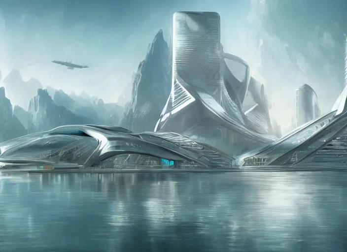 Image similar to a futuristic city surrounded by water and mountains, a detailed matte painting by Jon McCoy and Zaha Hadid, trending on cgsociety, retrofuturism, matte painting, concept art, dystopian art