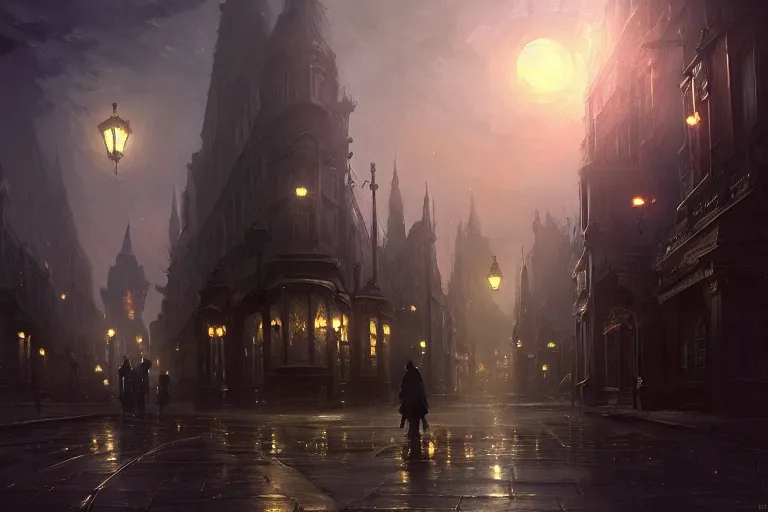 Prompt: an victorian city, scene in the night, lovecraftian horror in the background sky. 1 8 9 0, key visual, conceptart, ambient lighting, highly detailed, digital painting, artstation, concept art, sharp focus, by makoto shinkai and akihiko yoshida and greg manchess