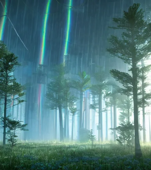 Image similar to daydreaming of the fuidity transparent dance of the blockchain, cyberpunk forest, majestic light, octane render, beauty fog, ethereal glare of the sun, raining rainbow, volumetric lighting, hyperealistic, epic, masterpiece