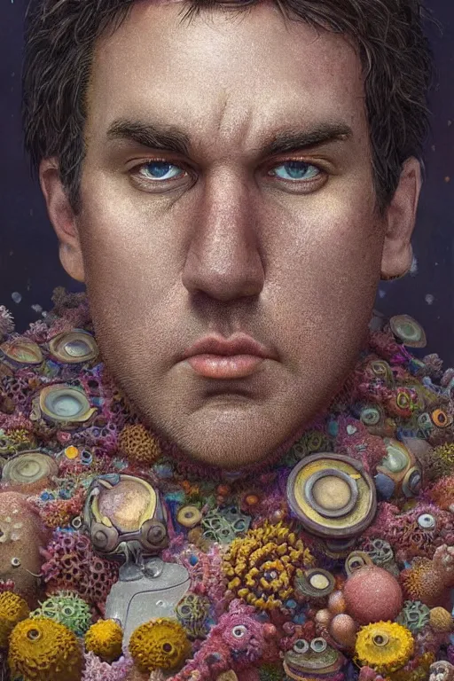 Image similar to photorealistic portrait photograph of stephen hillenburg as a complex sponge structure, upper body, fantasy, handsome, depth of field, soft focus, highly detailed, intricate, realistic, national geographic cover, soft glow, textured, artstation, concept art, sharp focus, illustration, art by artgerm and greg rutkowski and alphonse mucha