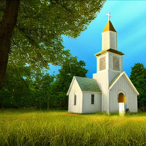 Image similar to old white church chapel with a steeple in an old green meadow and gold sparkles floating around in the air and sky, swirling clouds, swirling glowing gold dust, lush forest, idyllic landscape, sparkles, rainbow across the sky, ethereal, atmospheric, iridescent, volumetric, unreal engine, ray - tracing, film still, artstation, 8 k