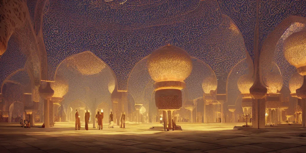 Image similar to Photorealistic exterior of a mosque in giant glowing mushroom underworld, with great domes and arches, people and androids wearing traditional japanese clothing. photorealism, UHD, amazing depth, glowing rich colors, golden ratio, 3D octane cycle unreal engine 5, volumetric lighting, cinematic lighting, cgstation artstation concept art