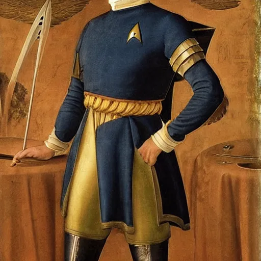 Image similar to starfleet uniform, a knight of the round table in starfleet uniform, by agnolo bronzino and giovanni bellini