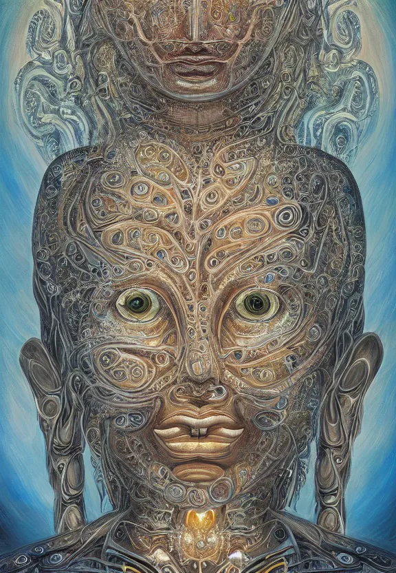 Image similar to perfectly centered portrait, front view of a beautiful biomechanical fractal robot buddha, female, flowing hair, intense stare, sarcastic smile, symmetrical, concept art, intricate detail, volumetric shadows and lighting, realistic oil painting by alex grey and gustave dore,