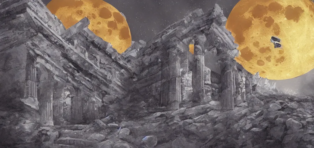 Prompt: The fall of the Silver Millennium from Sailor Moon, digital painting, Greek-esque columns and ruins on the moon