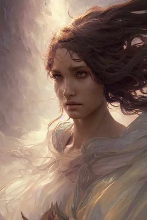 Image similar to Portrait of high fantasy wind elemental, upper body, intricate, graceful, misty, highly detailed, digital painting, artstation, concept art, smooth, sharp focus, illustration, art by artgerm and Marc Simonetti and alphonse mucha