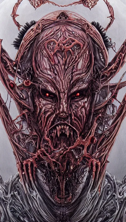 Prompt: Elden Ring themed painting of majestic crimson biomechanical satanic demon human hybrid beautiful undead angel symmetrical angry mask closeup face angry mask closeup tattoo pattern golden ratio concept, Neo-Gothic concept, infinity glyph waves, intricate artwork masterpiece, very coherent artwork, cinematic, full frontal facial features by Artgerm, art by H.R. Giger, Takato Yamamoto, Zdizslaw Beksinski, Johnatan Wayshak, Moebius, Ayami Kojima, very anatomically coherent artwork, trending on cgsociety, ultra high quality model, production quality cinema model, high detail chromatic ink outline, octane render, unreal engine 8k, hyper realism, high detail, octane render, unreal engine, 8k, High contrast