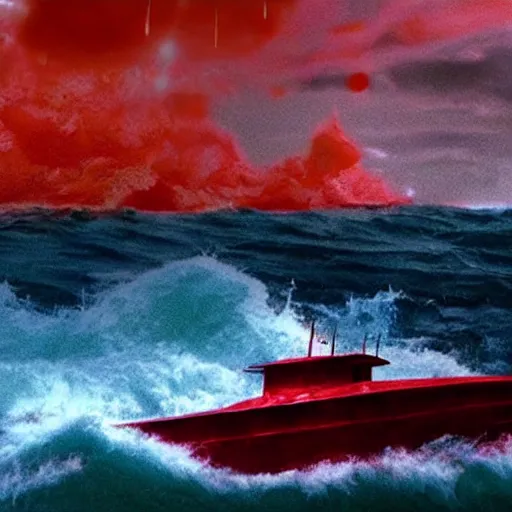 Image similar to anti - christ rising from a red ocean. ominous. vivid color detailed photograph from a 2 0 2 0 s blockbuster vfx horror movie. a capsized boat.