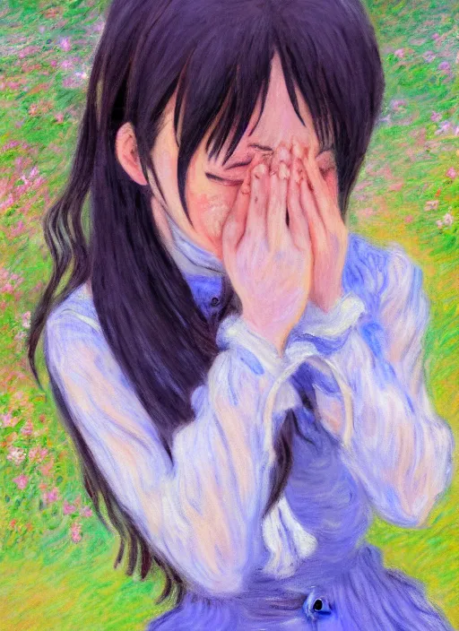 Image similar to an extremely cute girl crying tears of joy, very anime, trending artwork, 4 k, anime painter studio, an impressionist style by claude monet