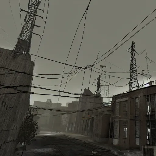 Prompt: a photo from the bottom of half life 2's combine citadel, with the wires hanging from the buildings towards the citadel, in a lightly foggy day