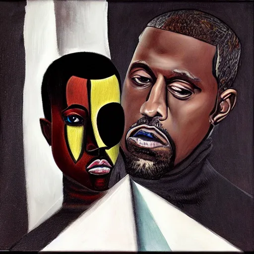 Prompt: Surrealist picasso portrait painting of Kanye WEst wearing his Donda Listening Party black spiky balenciaga jacket and black mask, acrylic painting, surreal