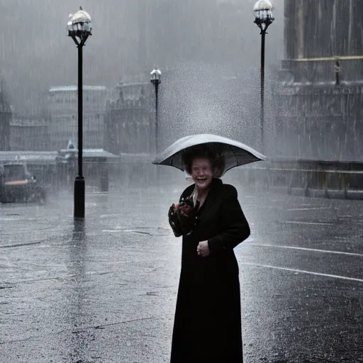 Image similar to margaret thatcher in rain rain rain drenched moist, hyper realistic cinematic color still volumetric lighting london background