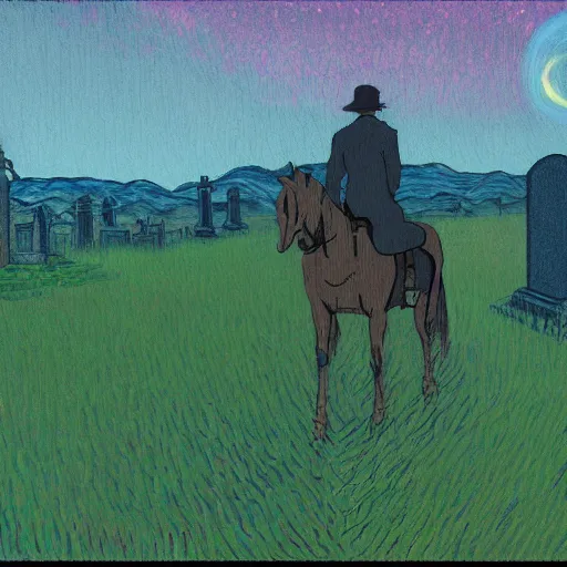 Image similar to sad ominous painting of a horse in a cemetery at dusk, in the style of studio ghibli and moebius and claude monet and vincent van gogh