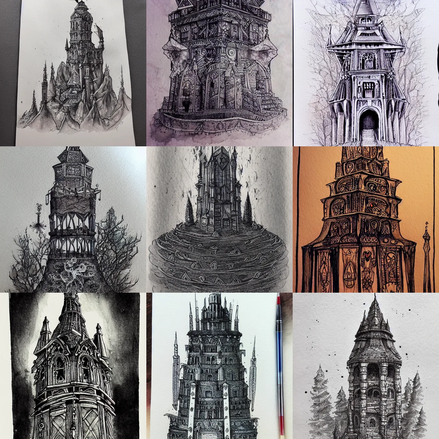 Image similar to beautiful aesthetic inspirational masterful professional ink pen and watercolor sketch of an occult mystic tower, ultra detailed, fine details, trending on artstation, high quality paper
