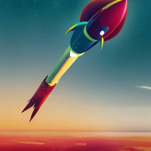 Image similar to multicolor 3 d render of a surreal rocket ship flying in the sky by stalenhag created at future in 4 k ultra high resolution, with inspiring feeling