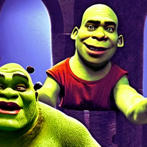 Image similar to a photographic still of Shrek in The Matrix as Neo