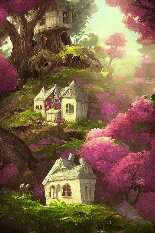 Prompt: beautiful matte painting of a whimsical house on a hill trees flowers whimsical by brian kesinger, bob ross, artstation