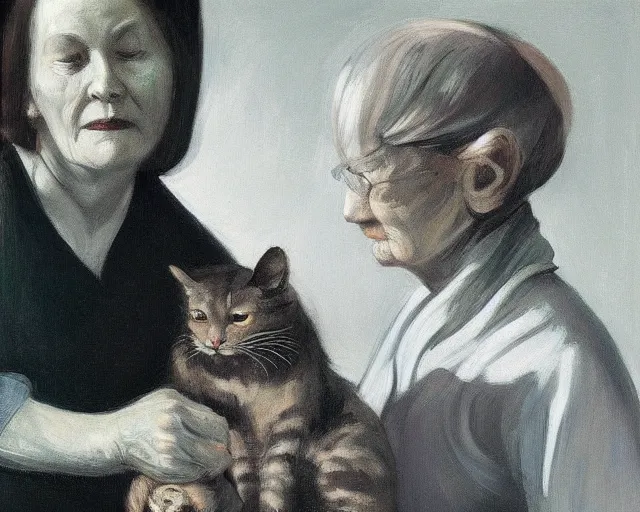 Image similar to detailed portrait of an old lady and her plant cat, Edward Hopper, sharp high quality