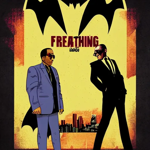 Image similar to batman versus gus fring, poster, movie poster, facing each other, side angle, imax, highly detailed, cel-shaded