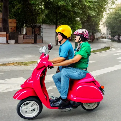 Image similar to delivery driver on moped delivering packages, bright color, bubbly, digital cartoon syle image, no blur, white background