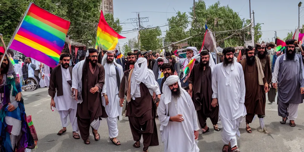 Prompt: Taliban street festival with DJ Osama Bin Laden & a parade of LGBTQ flags (professional photography)