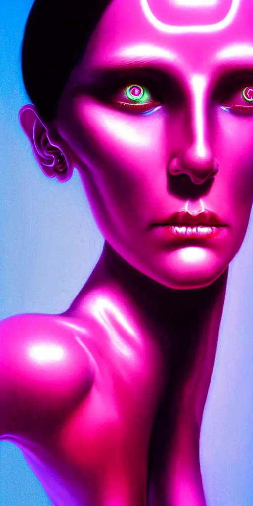 Prompt: hyperrealistic close-up of baroque cyborg woman with black hair and pearlescent pink skin wayne barlowe key sage very soft blue neon lighting on one side wide angle 35mm shallow depth of field 8k