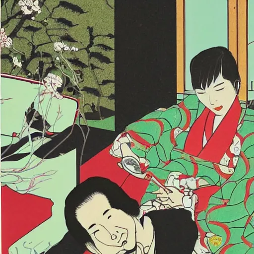 Prompt: A Japanese husband and his beautiful Japanese wife with a snake crawling around them, drinking tea by Toshio Saeki, high detailed