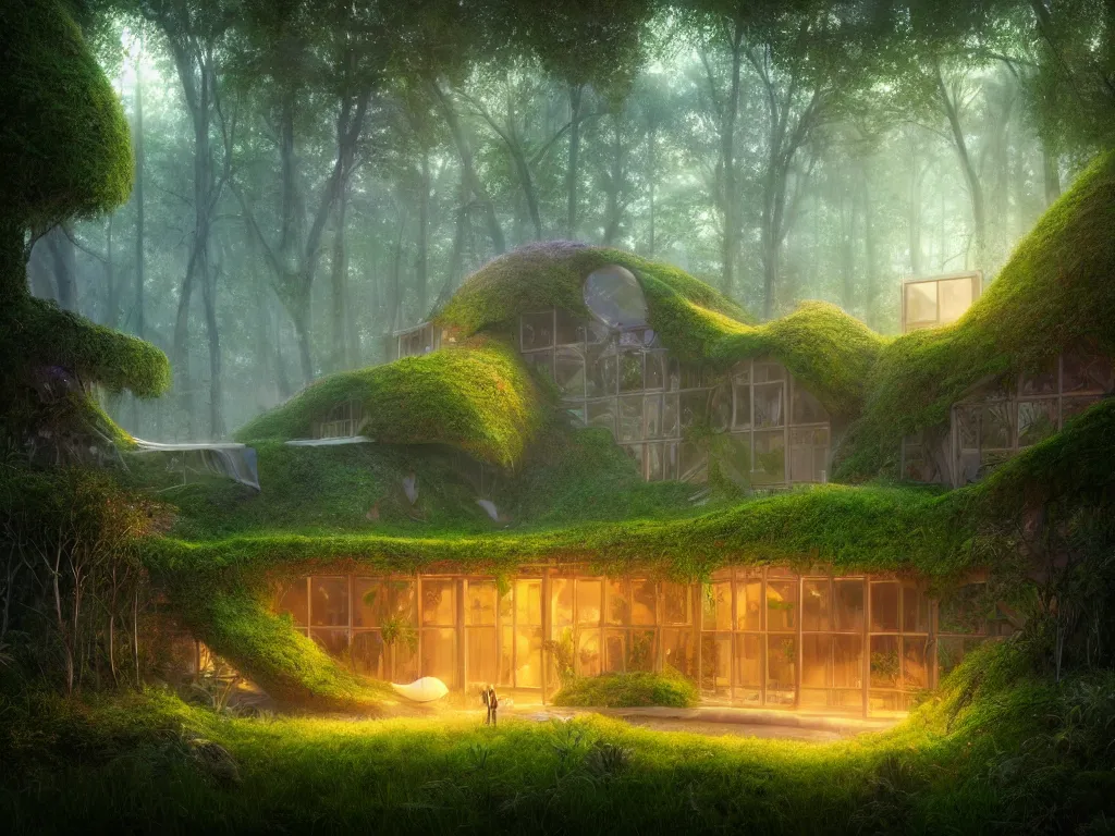 Prompt: beautiful organic house made of imaginary plants in a forest, architectural render, futuresynth, chillwave, by Gabriel Dawe, by Skottie Young, by Jessica Rossier, vegetal architecture, blender 3D, by moebius, night, (mist), lights, junglepunk, trending on artstation