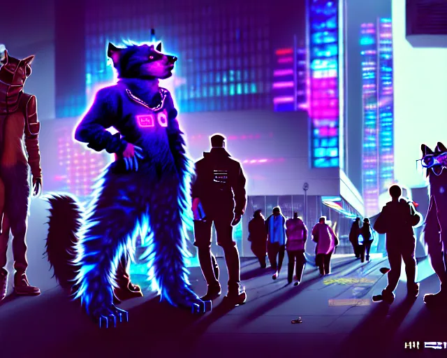 Image similar to high - resolution photograph from a cyberpunk era furry fandom convention ( midwest furfest 2 0 4 7 ), taking place after the genetic revolution and quantum singularity. photorealistic.