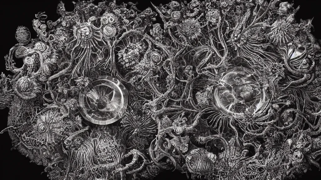 Image similar to beautiful macro photography of a coronavirus inside a television screen, dark, sinister, detailed, high contrast, art by Ernst Haeckel and Greg Rutkowski