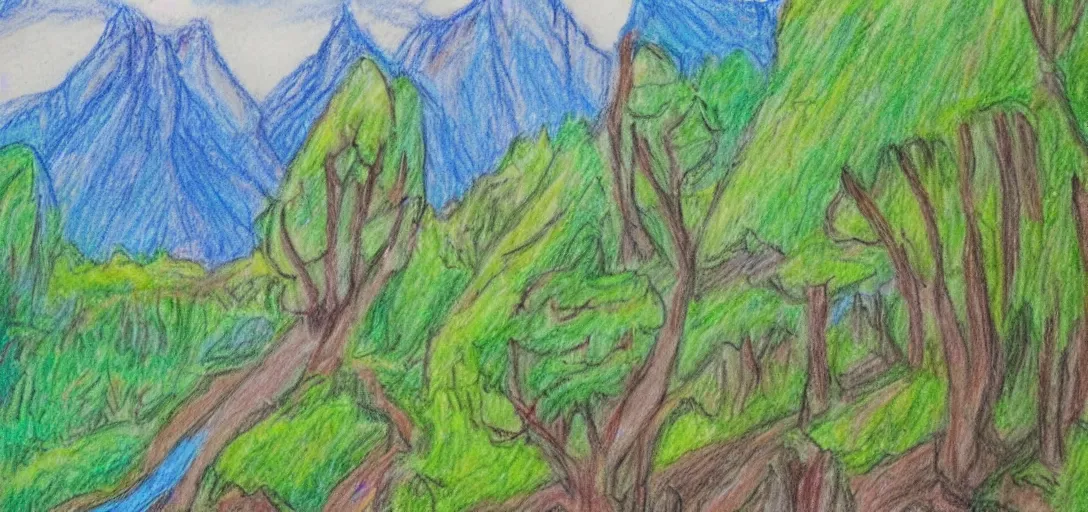 Image similar to Rivendell landscape drawn in crayon by a five-year old