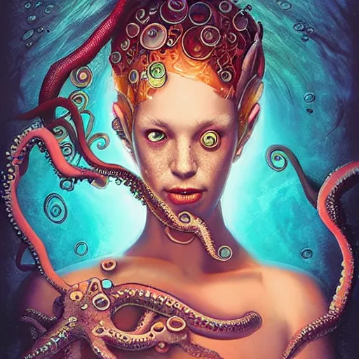 Image similar to underwater lofi scorn biopunk mermaid portrait, octopus, Pixar style, by Tristan Eaton Stanley Artgerm and Tom Bagshaw.