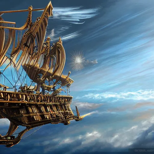 Image similar to steampunk sky-ship flying through clear blue skies, epic fantasy art style HD