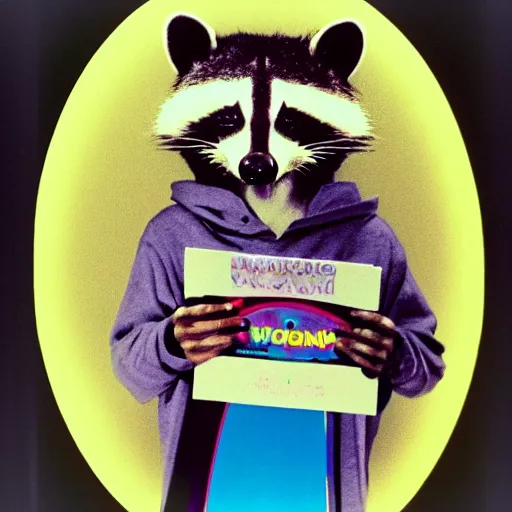 Prompt: medium - shot, low - angle, photo of a anthropomorphic raccoon wearing a bright hoodie, holding a vinyl record, 8 0 - s fashion, colored, polaroid photo, by warhol,