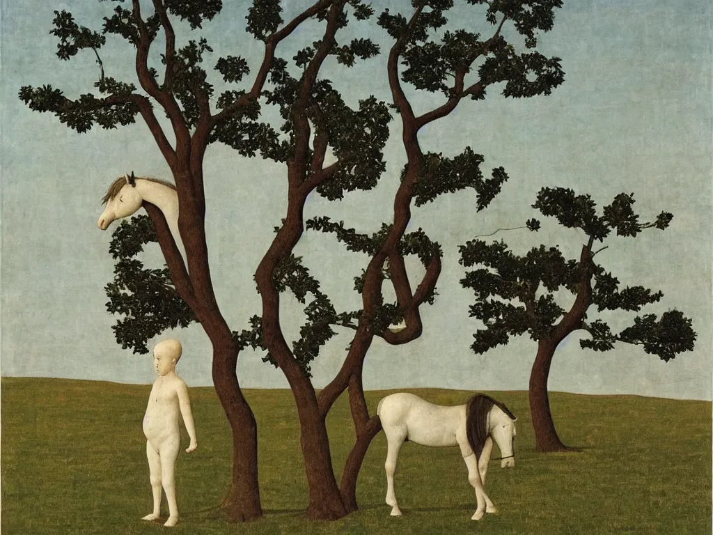 Image similar to Horse carrying tree. Baby on the ground. Painting by Alex Colville, Piero della Francesca