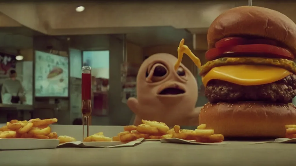 Prompt: the disdainful cheeseburger creature at the fast food place, film still from the movie directed by denis villeneuve and david cronenberg with art direction by salvador dali and zdzisław beksinski, wide lens